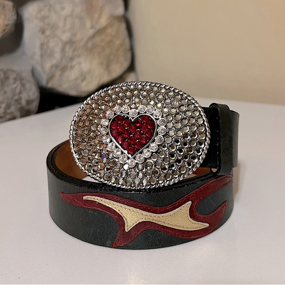 Bebe Vintage Rhinestone Heart Western Flame Leather Belt Size M/L - Picture 3 of 14